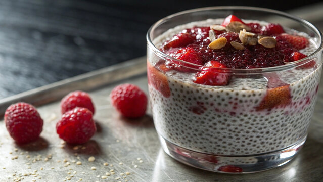 Modern chia pudding macro with detailed seed texture, berry layers and glossy translucent structure in minimal lighting
