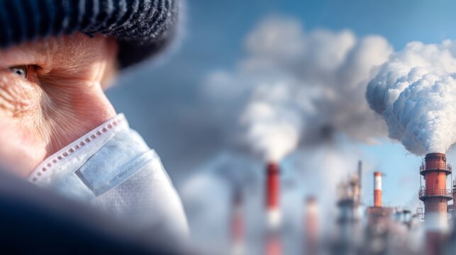 Industrial Worker Wearing Protective Mask Against Pollution and Smoke Hazards