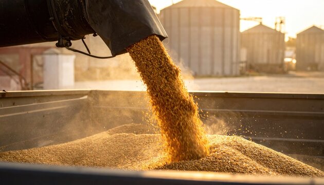 Harvest season, golden grains pouring from a farm trailer, a symbol of abundance and agricultural success
