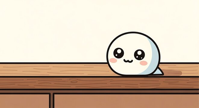 Cartoon-style illustration depicts a white, bean-shaped creature with rosy cheeks and large eyes resting on a wooden surface