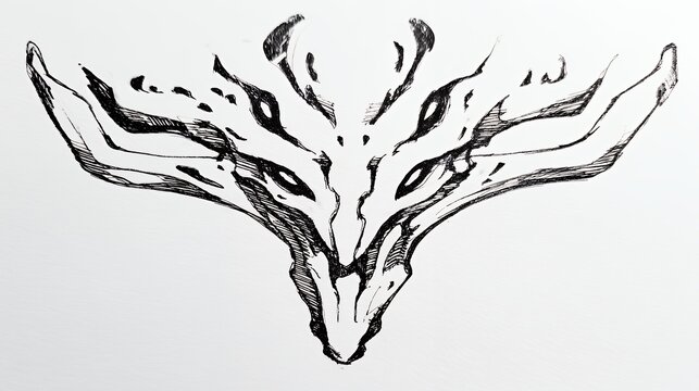 An intricate ink drawing of a stylized alien creature head