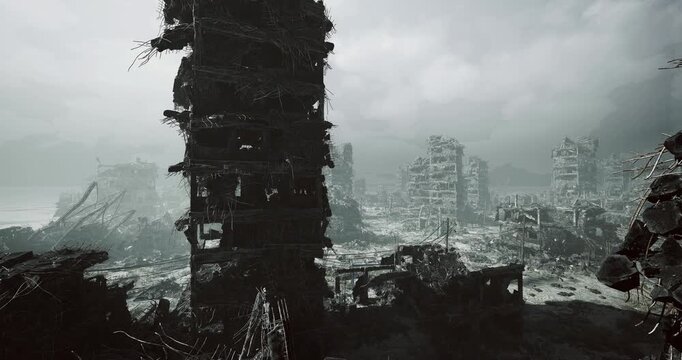 crumbling tower amid foggy ruined landscape, scattered rubble and shattered buildings frame somber horizon. muted monochrome palette emphasizes silence