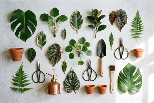 Minimalist Arrangement of Houseplant Leaves with Gardening Tools on a Light Gray Background