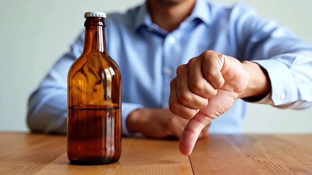 Man refusing beer bottle sitting at table.