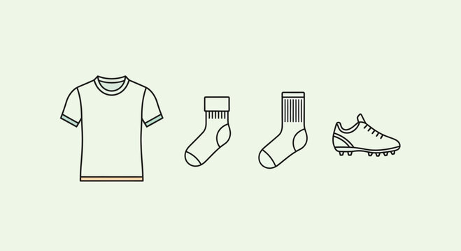 Soccer Kit Essentials: T-Shirt, Socks, and Cleats - Clean Line Art Iconography