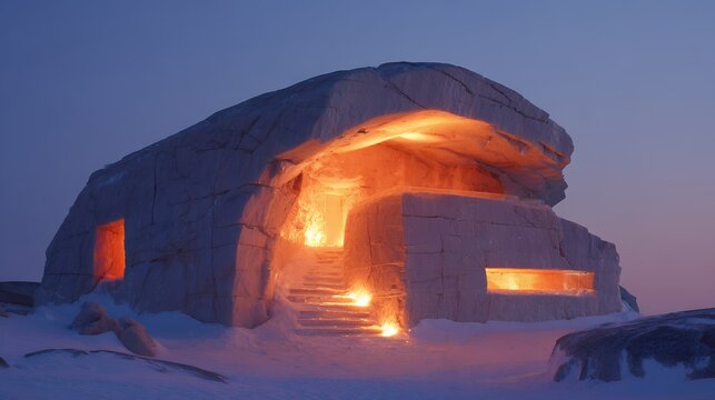 Illuminated ice hotel entrance with glowing orange lights