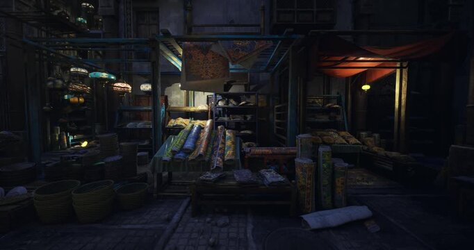 neonlit wet market alley at night, empty stalls displaying baskets of produce and seafood, puddles reflecting neon signs, narrow pavement lined with crates