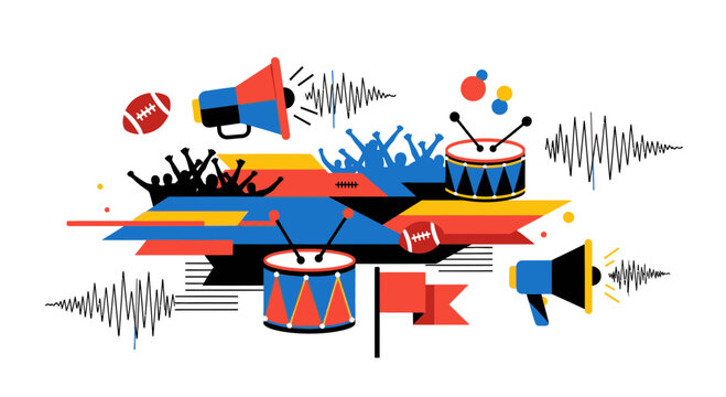 Sports Fanatic Celebration: Drums, Megaphones, Crowd, and American Football