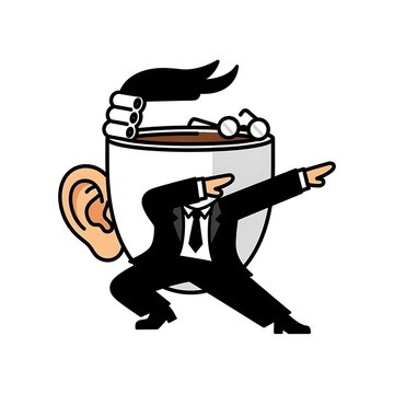 Cartoon-style illustration of a coffee cup with an arm and head mimicking a businessman's dab pose, wearing suit