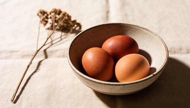 Natural Brown Eggs in Ceramic Bowl on Linen Fabric &ndash; Minimal Rustic Food Background with Warm Sunlight for Cooking, Product Display, Menu, Packaging, Branding and Marketing Design.