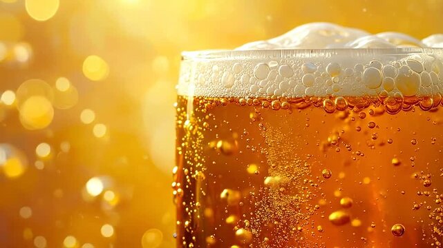 Close-up of a refreshing beverage with bubbles and foam in a transparent glass, golden background