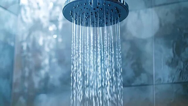 A modern shower head with water flowing down in a bathroom setting, close up view