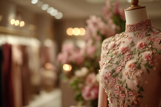 Elegant embroidered dress on mannequin with floral design, luxury fashion concept