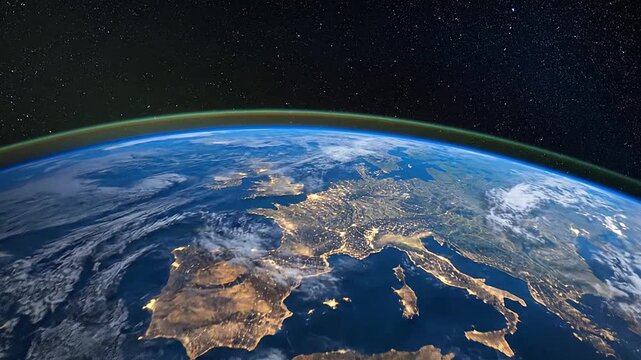 A beautiful view of the planet from space, with the atmosphere and stars visible at night