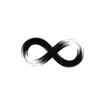 Elegant infinity symbol crafted from expressive black ink brushstrokes with visible dry brush textures and fluid motion on a solid white background, eternal concept