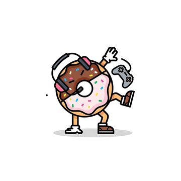 Cartoon donut character wearing headphones, holding a game controller, and doing a dance pose. Simple, colorful design