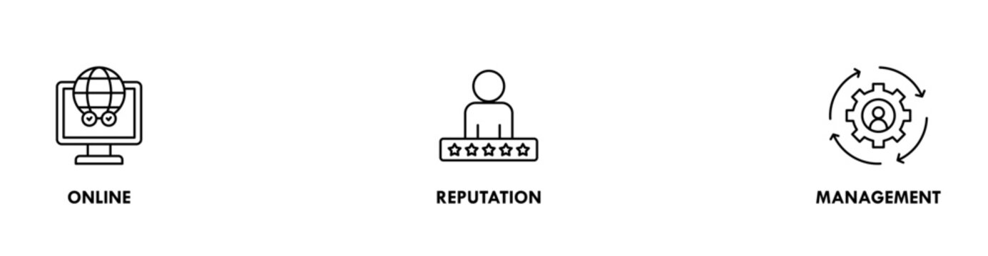 ORM banner web icon set vector illustration concept for online reputation management with icon of internet, browser, winner, trust, favorite, and business