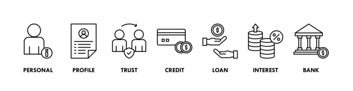Microcredit banner web icon vector illustration concept with icon of personal, profile, trust, credit, loan, interest and bank