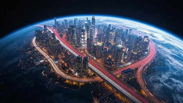 A futuristic cityscape with illuminated buildings and highways at night, viewed from space