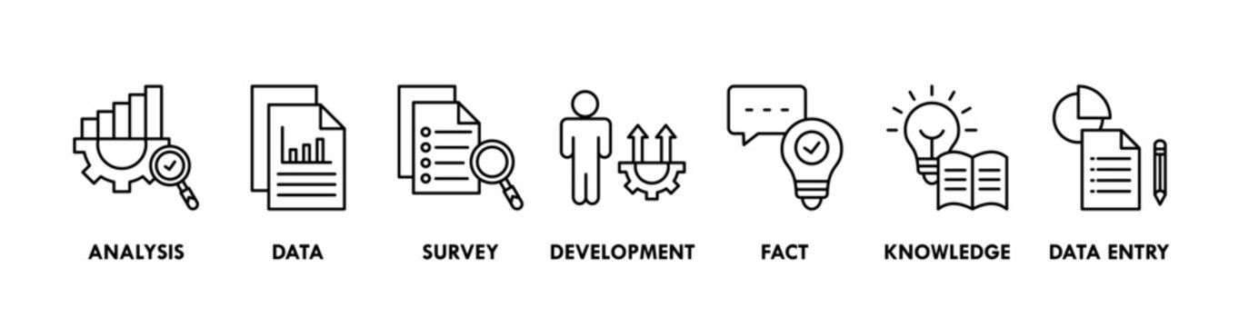 Research banner web icon vector illustration concept with icon of analysis, data, survey, development, fact, knowledge and data entry