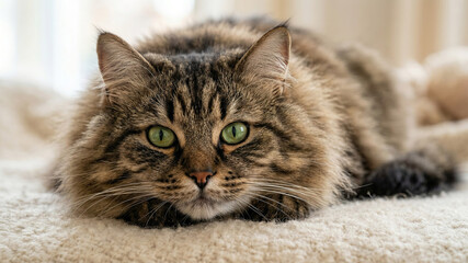 Siberian Cat Ultra Close Up Portrait with Thick Tabby Fur and Green Eyes