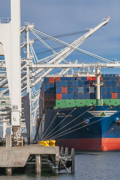 Cargo vessel secured at the Port of Oakland during routine maritime operations