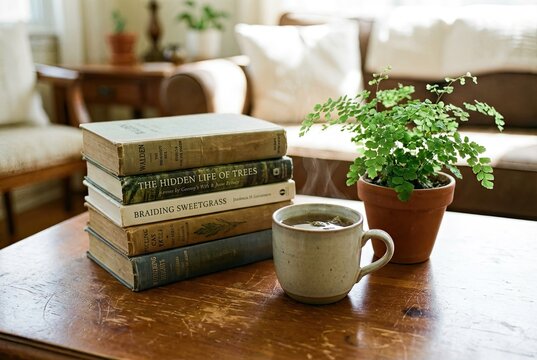 Cozy literary scene with stacked vintage hardback books, herbal tea, and a houseplant on a polished wooden surface, evoking a sense of peaceful relaxation and intellectual comfort.