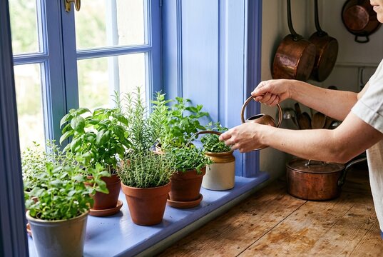 Person Watering Fresh Herbs on a Periwinkle Blue Windowsill in an Antique Kitchen