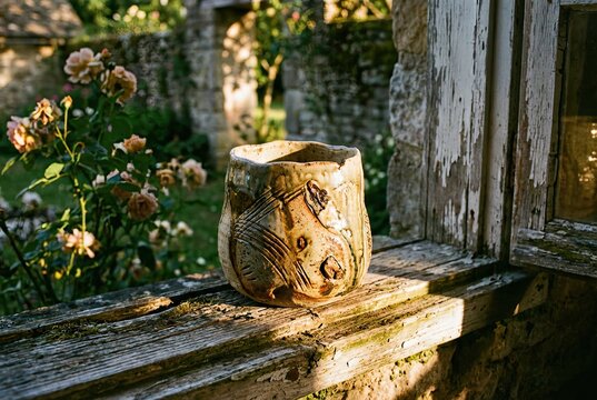 Handcrafted Ceramic Sculpture Bathed in Golden Hour Light on a Distressed Wooden Windowsill
