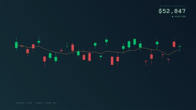 An advanced AI financial advisor analyzes fluctuating market trends using a sophisticated digital candlestick chart to predict price movements for high stakes algorithmic trading strategies