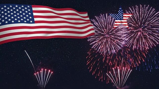 A waving flag with a star shape and colorful fireworks exploding in the night sky