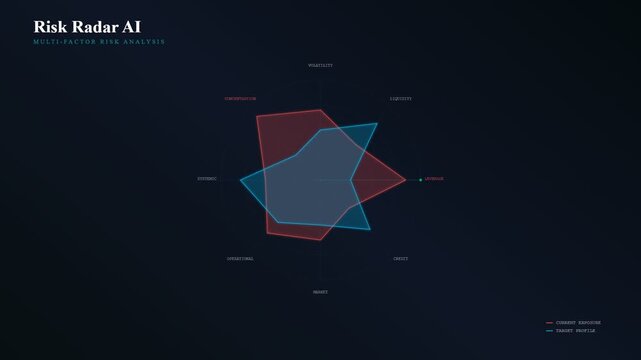 Within a futuristic interface an AI financial advisor utilizes evolving radar charts to map complex risk variables through fluid geometric transitions on a dark digital background