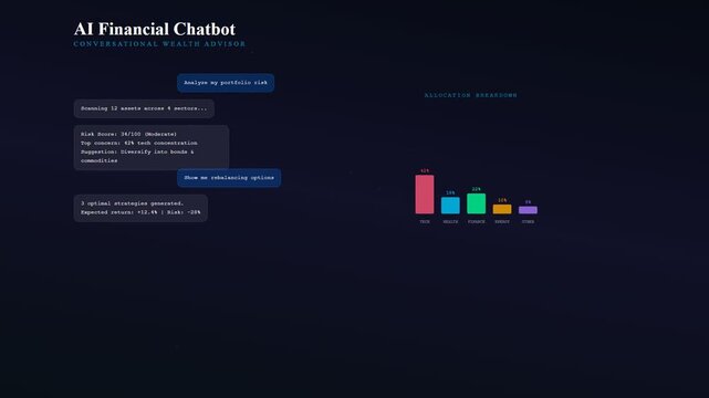 A sophisticated AI financial advisor interface demonstrates real time portfolio risk analysis and automated asset reallocation through a sleek dark mode user experience motion sequence