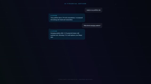 An innovative AI financial advisor interface demonstrating an automated portfolio risk analysis through a sophisticated dark themed chat conversation for modern digital investment management tools