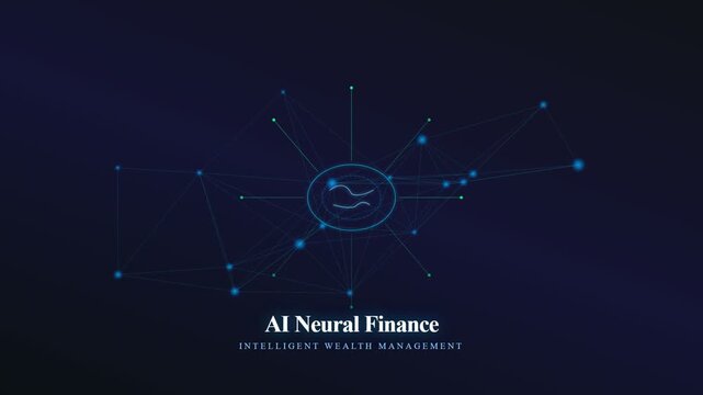 An intricate network animation featuring an AI financial advisor visualizing complex data streams through glowing blue neural connections within a sophisticated digital dark space environment