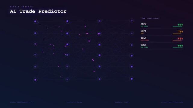 A sophisticated AI financial advisor interface animates as a complex neural network processes real time market data to generate precise trading predictions and algorithmic insights