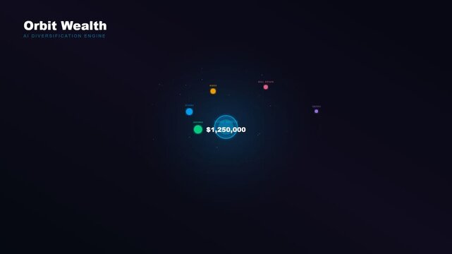 An advanced AI financial advisor visualization demonstrating exponential asset growth and portfolio diversification through glowing holographic spheres orbiting a core on a dark background