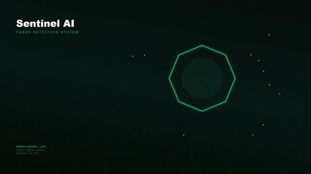 A sophisticated AI financial advisor monitoring a dark digital interface where a glowing geometric scanner identifies fraudulent activity and anomalous red data points across a grid