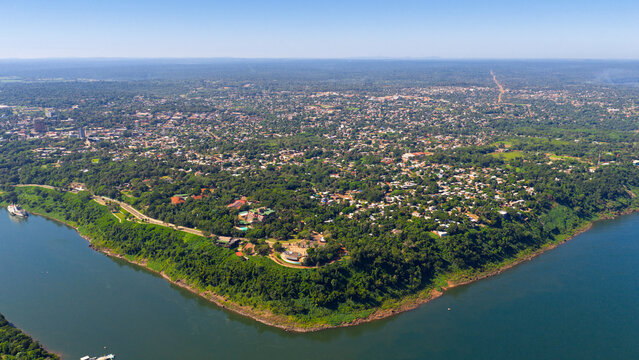 Aerial panoramic view of Puerto Iguazu peninsula surrounded by Iguazu River, Argentina.