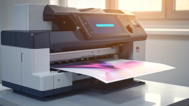 A modern office printer is printing a colorful image on a white sheet of paper in the office