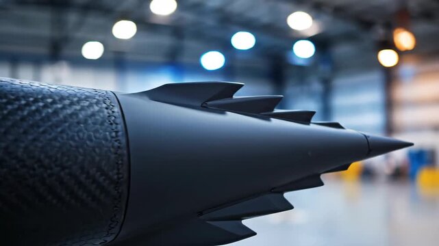Close up textured composite missile nose cone indoors.