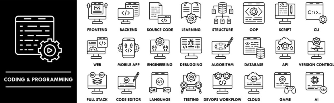 Coding and Programming outline icon collection set. Containing design coding, programming, software development, web development