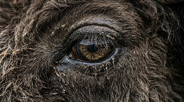Macro Detail of a Wild Bison Eye and Thick Fur