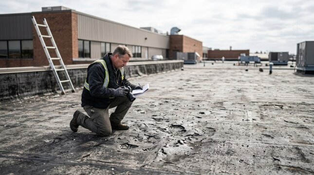 Medium shot showing an adjuster assessing hail damage on a flat commercial roof concentrated on deteriorated membrane surface ladder and building blurred in background.