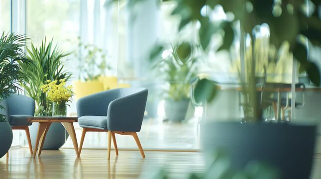 Modern office lounge area with comfortable armchairs a small table and lush greenery creates a welcoming and productive workspace design