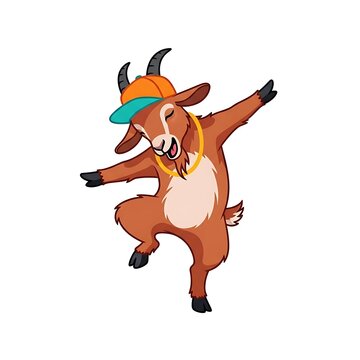 Cartoon goat, wearing a backwards cap and gold chain, doing a dab. Isolated against a white background with a cheerful expression