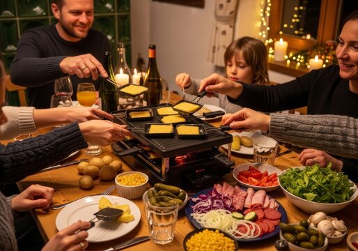 Family enjoys raclette dinner at home. Man, woman, and kid melting cheese on a tabletop grill. Cozy evening meal with friends during Holiday season.