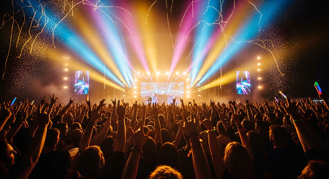 Crowd of people cheering at a music festival concert stage with bright colorful lights.