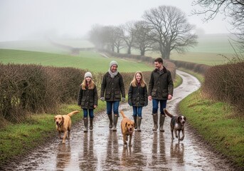 Fototapeta premium Family with two girls and two dogs walking on muddy country path. Outdoor adventure and rural lifestyle concept for autumn season.