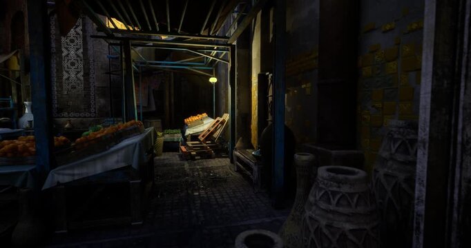 predawn market stall stacked with crates, soft glow from hanging bulbs, empty vendor tables and baskets, damp cobblestone and muted color palette, quiet